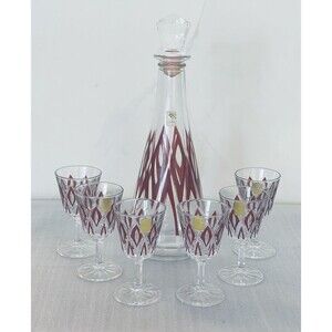 VMC Reims Harlequin Crystal Cordial Set w/ Decanter Stopper 6 Glasses Red France